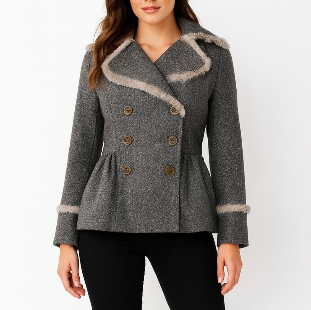 Cynthia Steffe Women's Wool & Rabbit Fur Pea Coat Button Jacket Confetti Gray 6